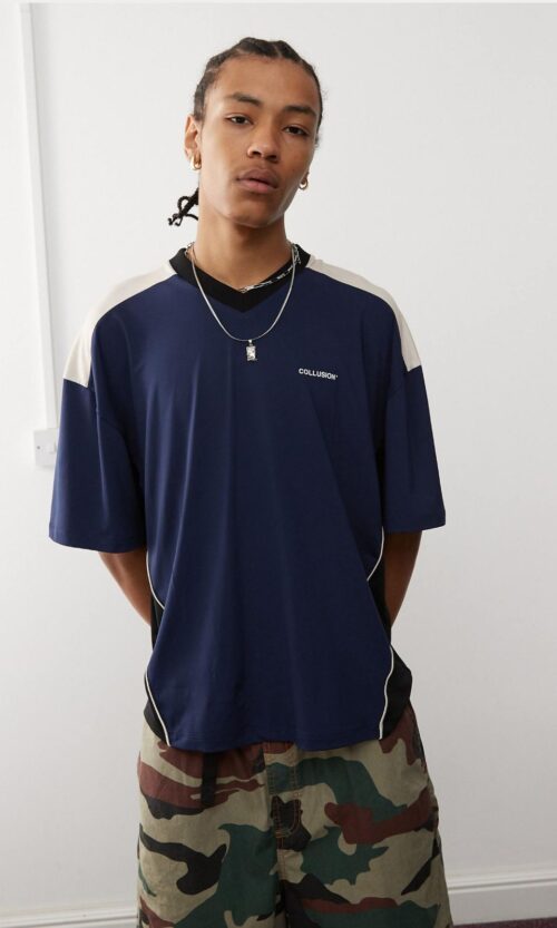 V NECK FOOTBALL TOP IN BLUE
