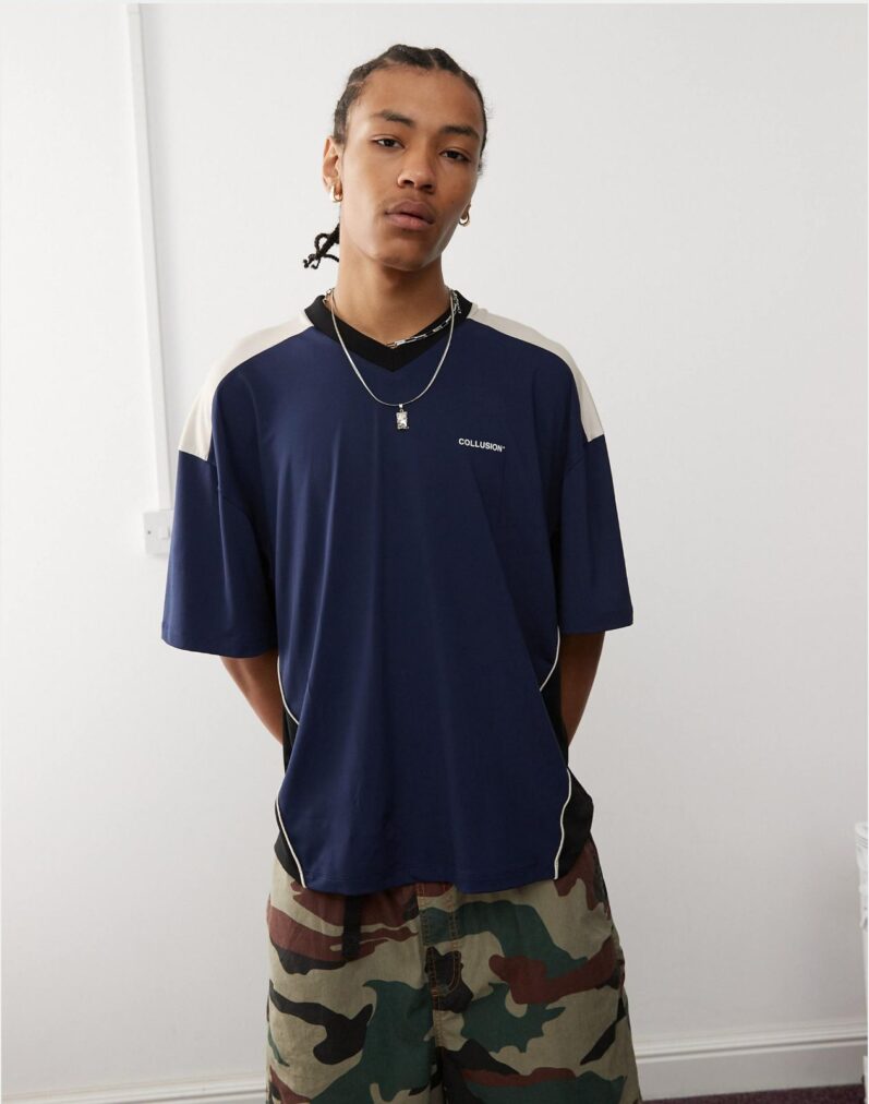 V NECK FOOTBALL TOP IN BLUE
